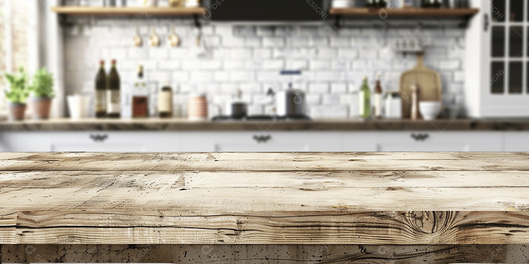 Uma mesa larga em uma cozinha - maquete de design de palco para produtos