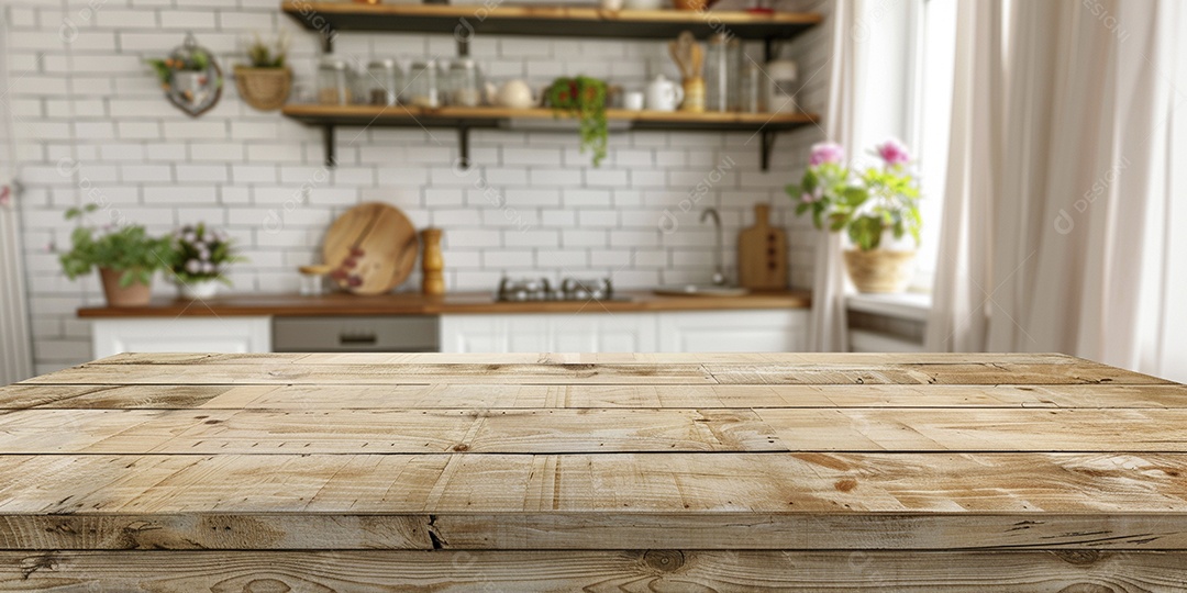 Uma mesa larga em uma cozinha - maquete de design de palco para produtos