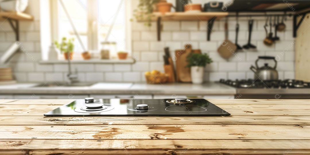 Uma mesa larga em uma cozinha - maquete de design de palco para produtos