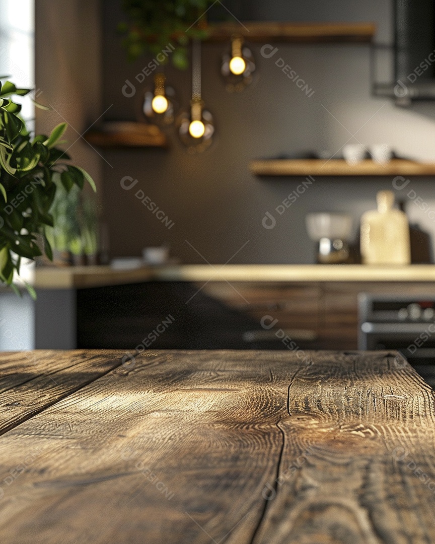 Uma mesa larga em uma cozinha - maquete de design de palco para produtos