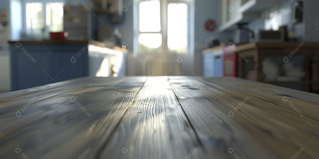 Uma mesa larga em uma cozinha - maquete de design de palco para produtos