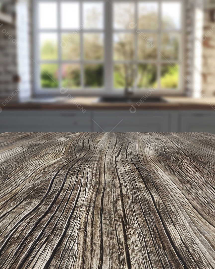 Uma mesa larga em uma cozinha - maquete de design de palco para produtos