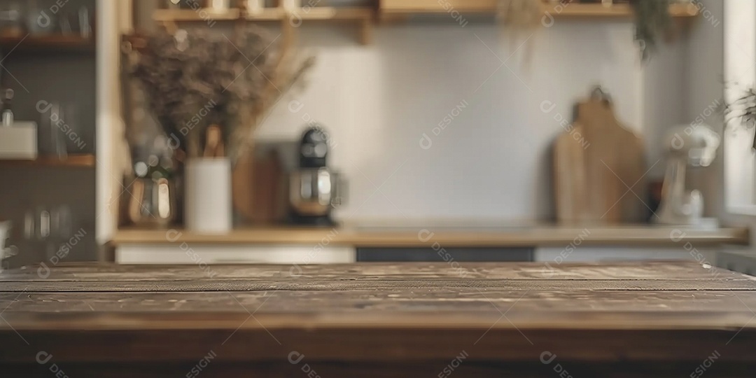 Uma mesa larga em uma cozinha - maquete de design de palco para produtos