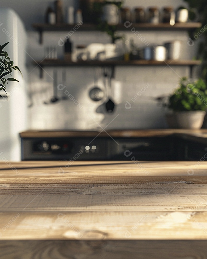 Uma mesa larga em uma cozinha - maquete de design de palco para produtos