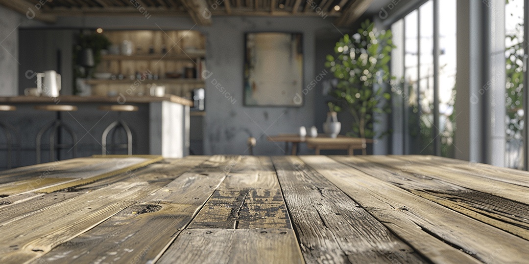 Uma mesa larga em uma cozinha - maquete de design de palco para produtos