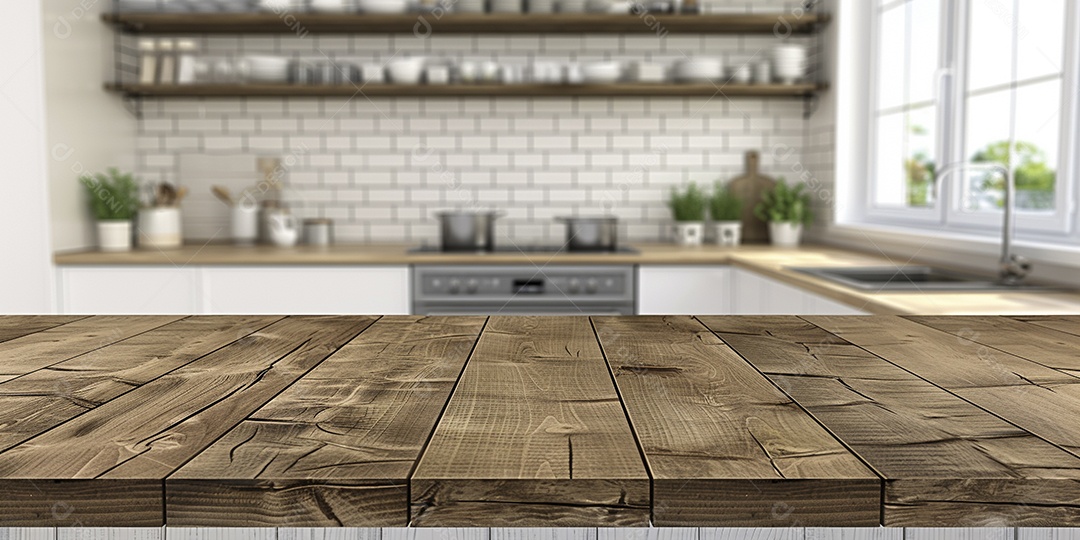 Uma mesa larga em uma cozinha - maquete de design de palco para produtos