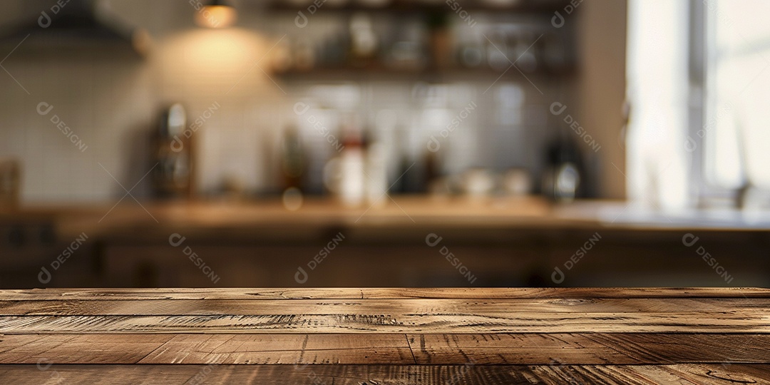 Uma mesa larga em uma cozinha - maquete de design de palco para produtos