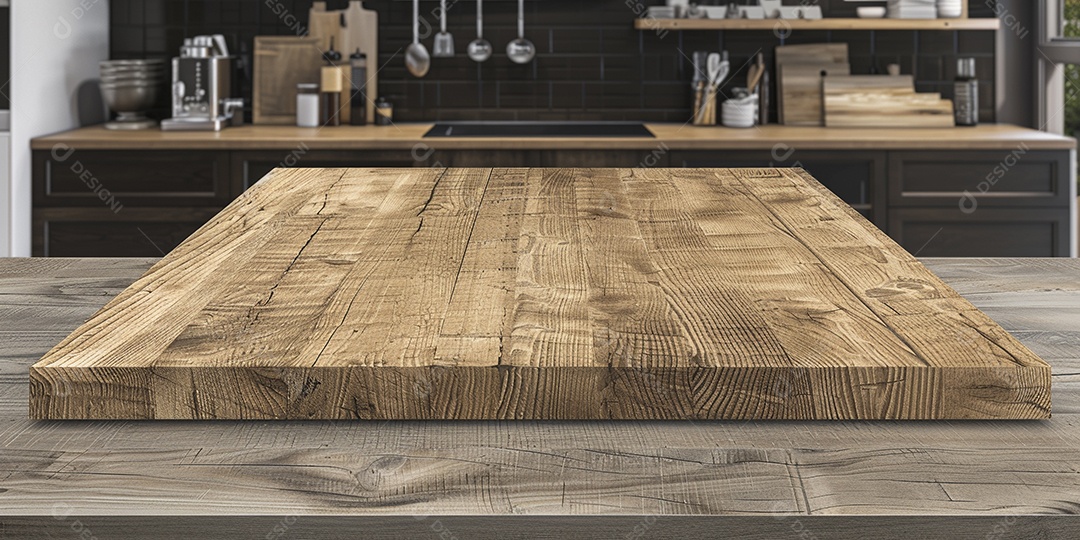 Uma mesa larga em uma cozinha - maquete de design de palco para produtos