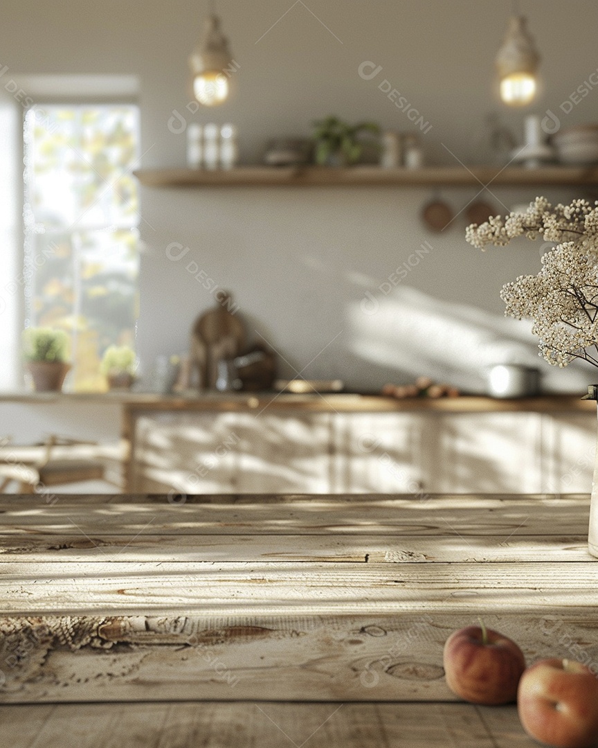 Uma mesa larga em uma cozinha - maquete de design de palco para produtos