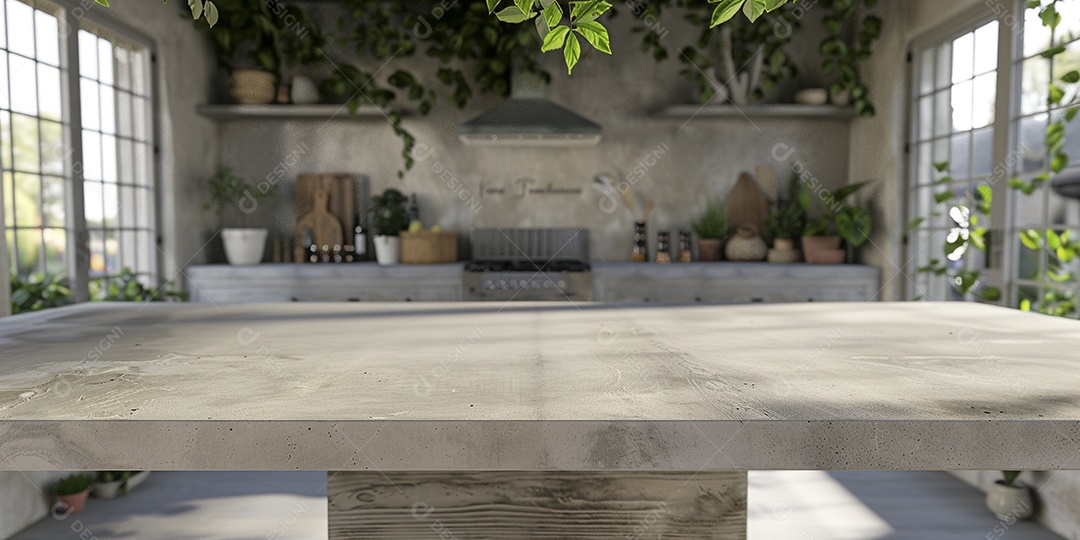 Uma mesa larga em uma cozinha - maquete de design de palco para produtos