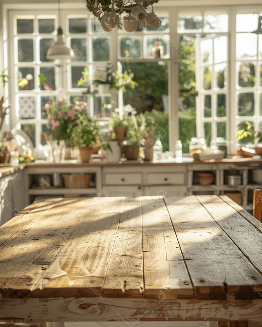 Uma mesa larga em uma cozinha - maquete de design de palco para produtos