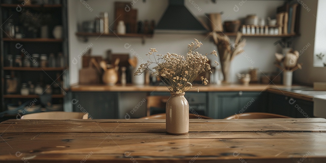 Uma mesa larga em uma cozinha - maquete de design de palco para produtos