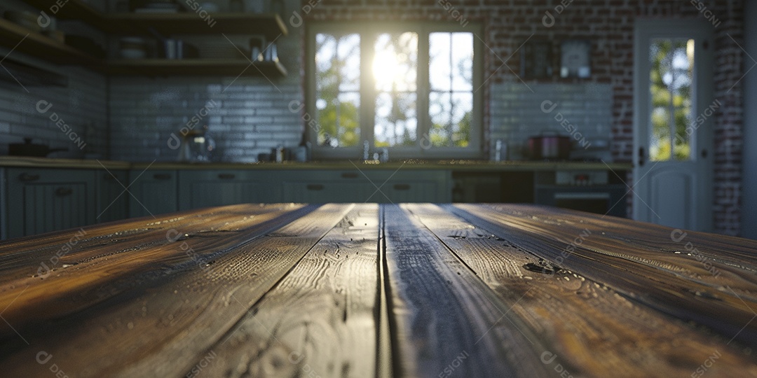 Uma mesa larga em uma cozinha - maquete de design de palco para produtos