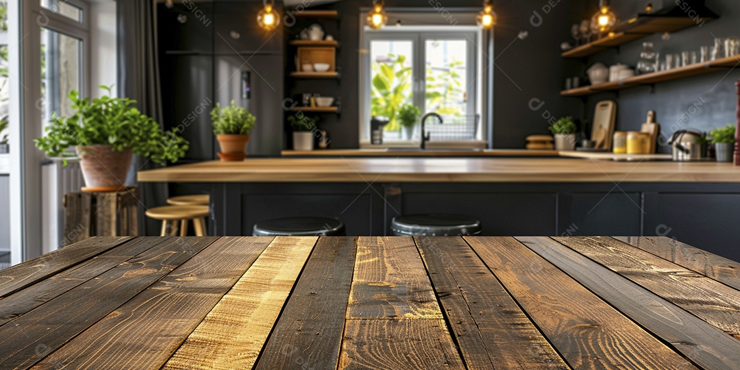 Uma mesa larga em uma cozinha - maquete de design de palco para produtos