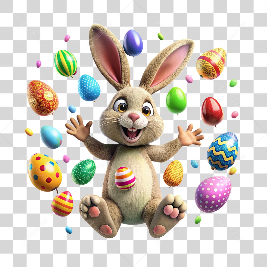Elemento 3D Coelho com Ovos de Páscoa Coloridos PNG Transparente