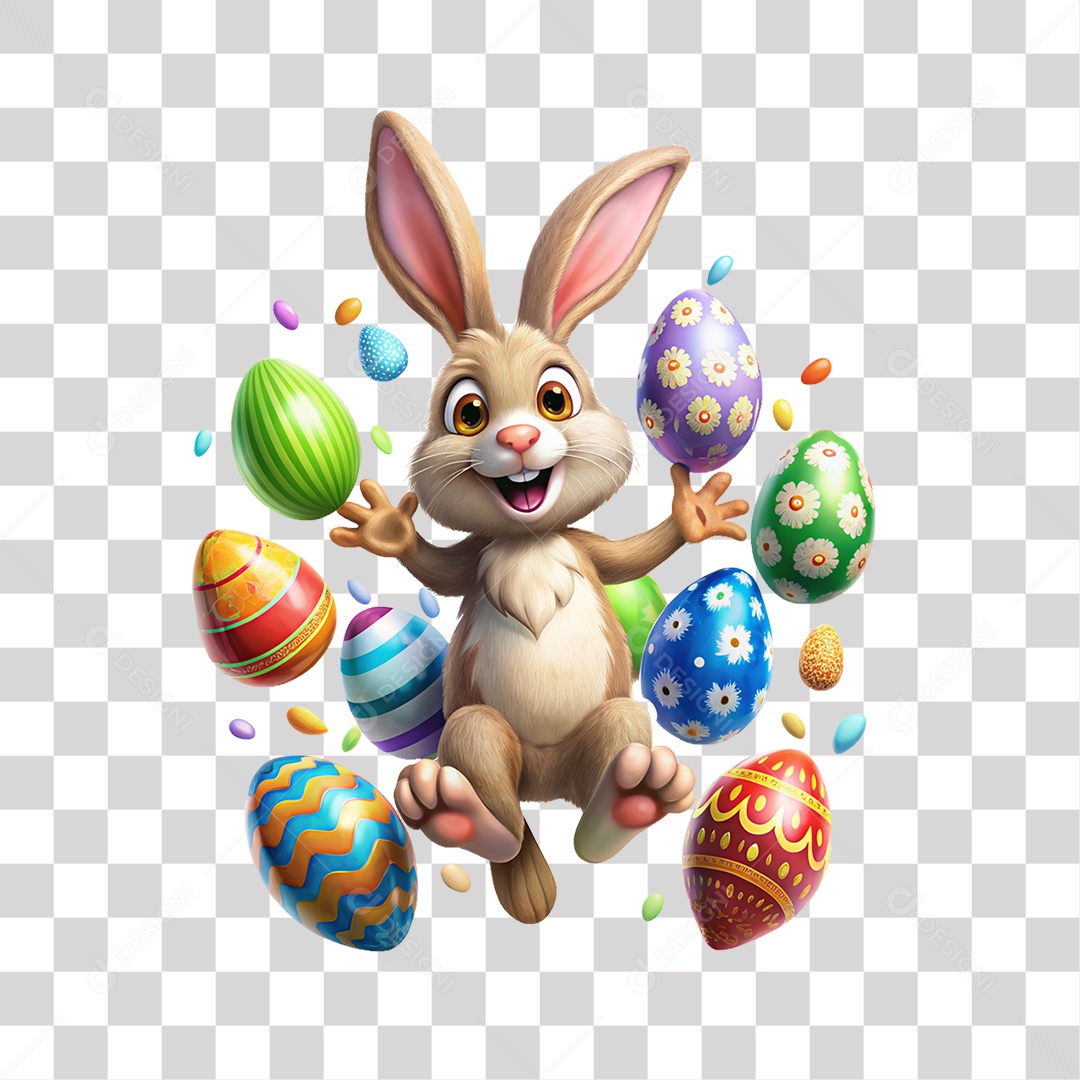 Elemento 3D Coelho com Ovos de Páscoa Coloridos PNG Transparente