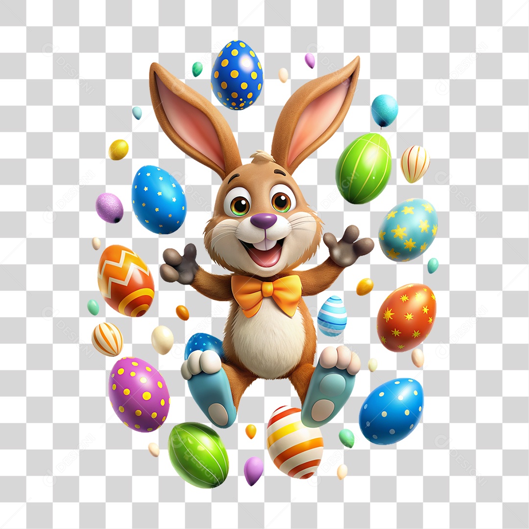 Elemento 3D Coelho com Ovos de Páscoa Coloridos PNG Transparente