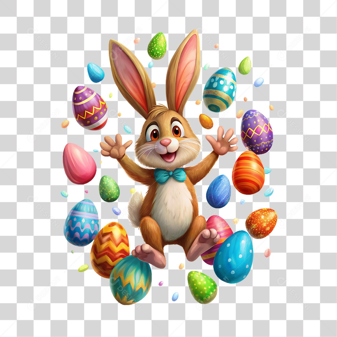 Elemento 3D Coelho com Ovos de Páscoa Coloridos PNG Transparente