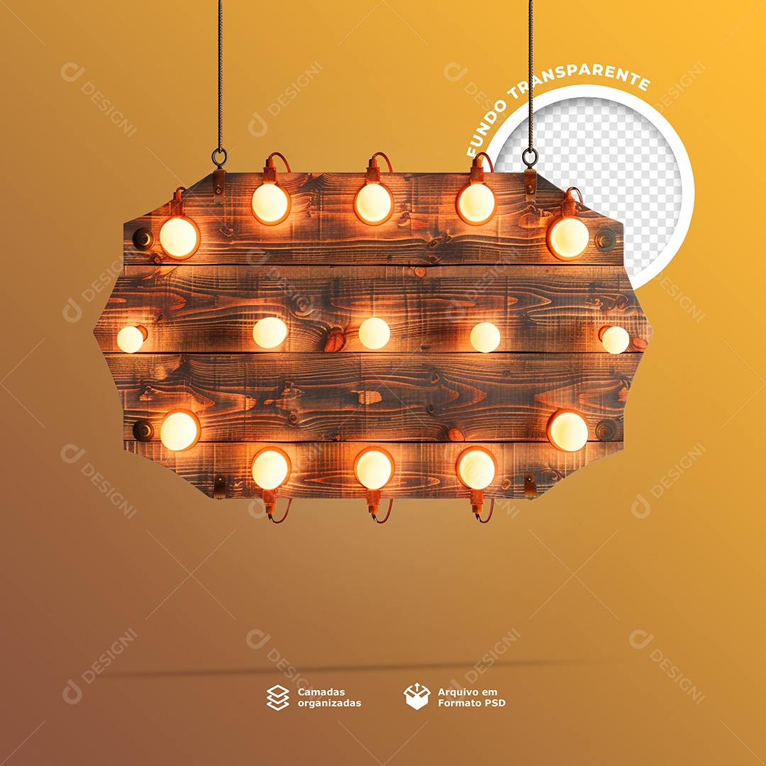 Elemento 3D Placa de Madeira com Lâmpadas para Composição PSD
