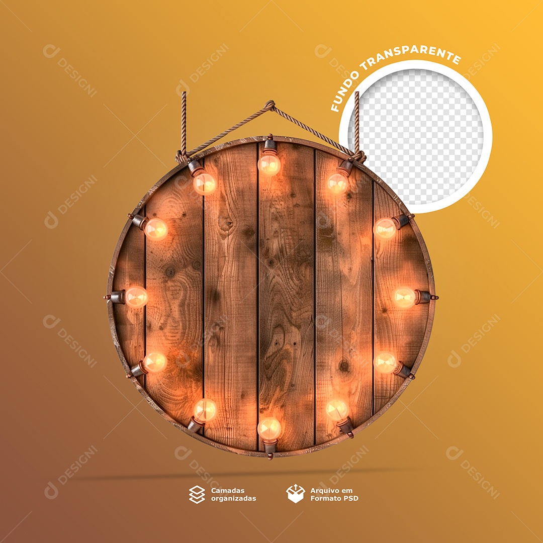 Elemento 3D Base de Madeira Redonda com Lâmpadas para Composição PSD