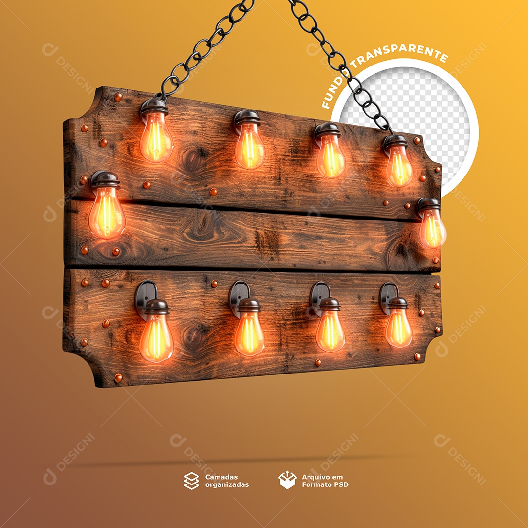 Placa de Madeira com Lâmpadas Elemento 3D para Composição PSD