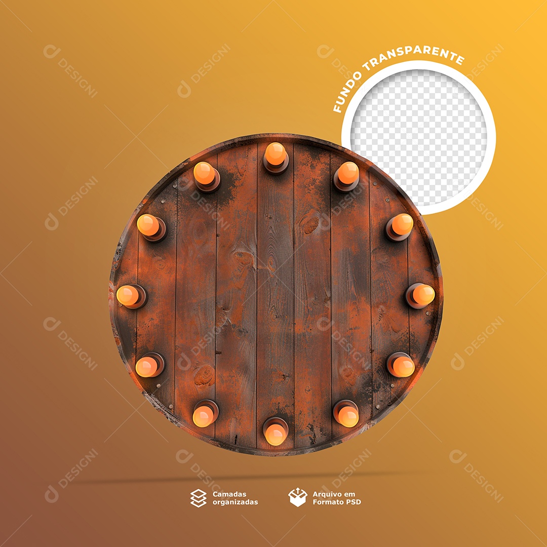 Base de Madeira Redonda com Lâmpadas Elemento 3D para Composição PSD