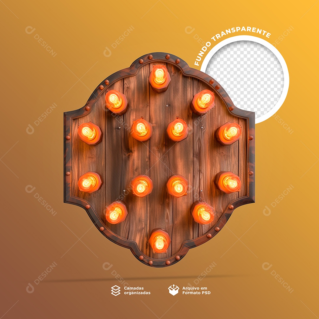 Elemento 3D Base de Madeira com Lâmpadas de Led para Composição PSD