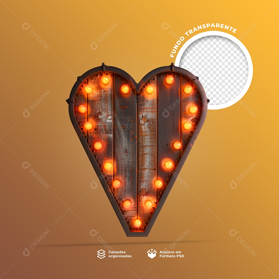 Elemento 3D Base de Madeira com Lâmpadas de Led em Forma de Coração para Composição PSD