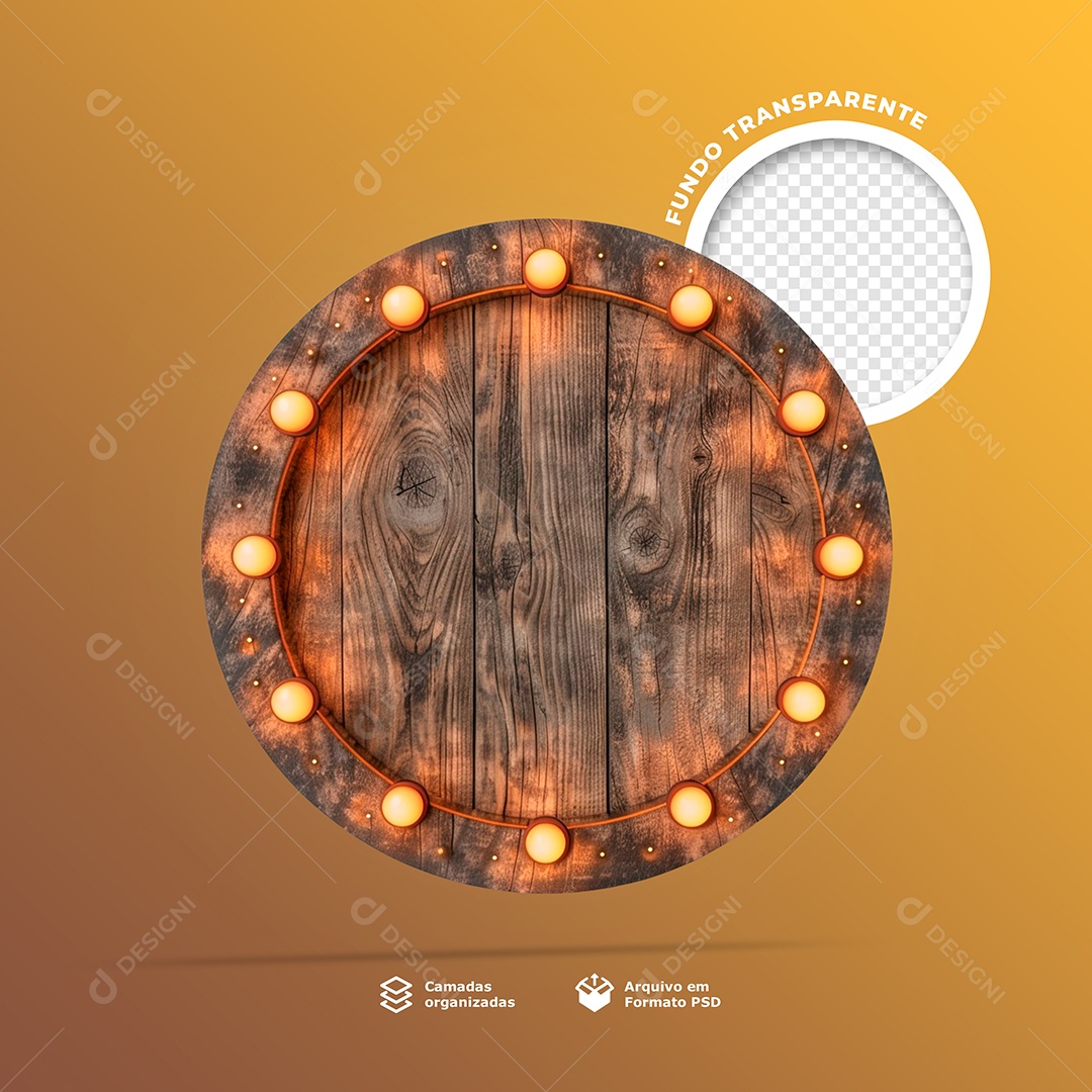 Elemento 3D Painel de Madeira Redondo com Lâmpadas de Led para Composição PSD