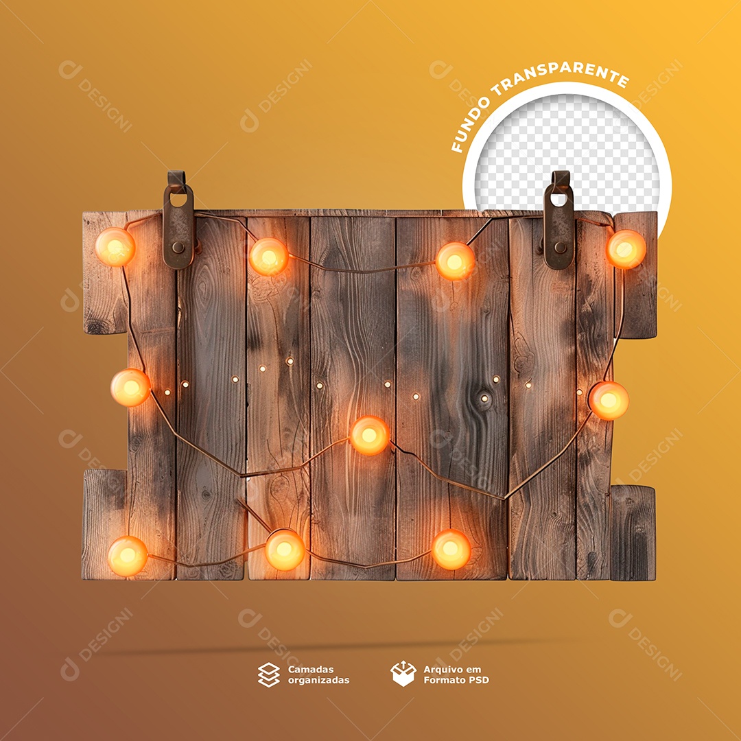 Elemento 3D Base Placa de Madeira com Lâmpadas de Led para Composição PSD