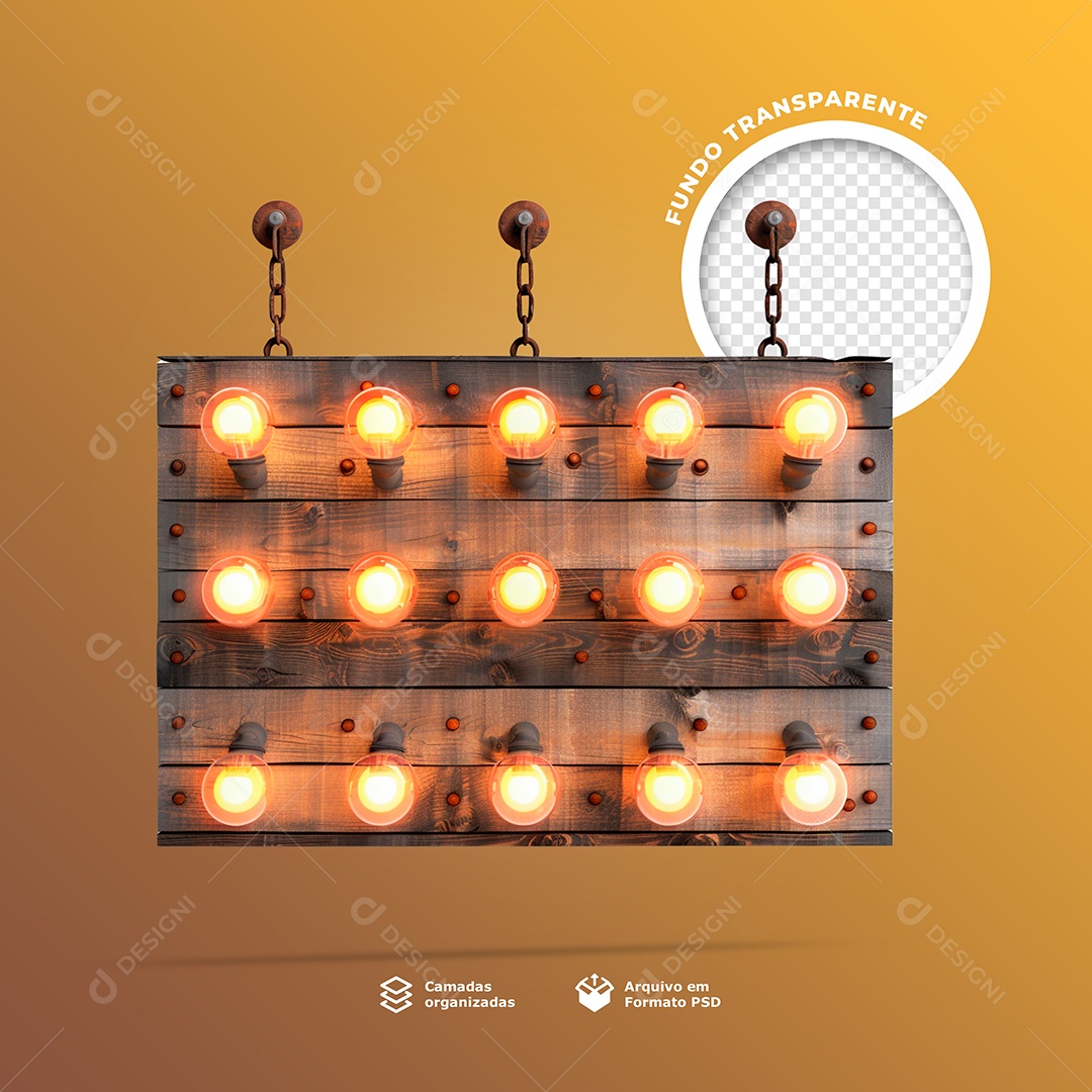 Elemento 3D Base Placa de Madeira com Lâmpadas de Led para Composição PSD