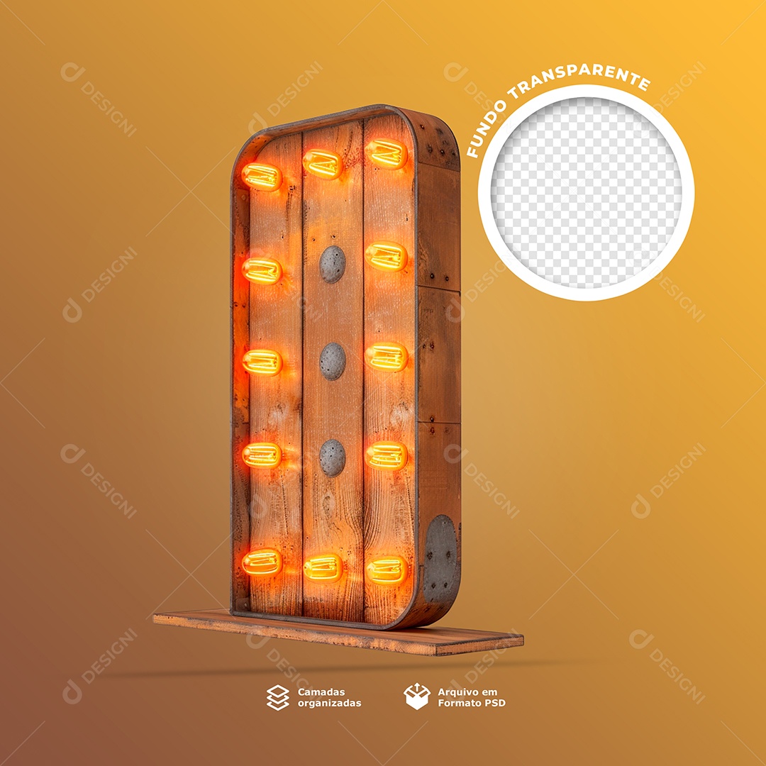 Elemento 3D Base Painel de Madeira com Lâmpadas de Led para Composição PSD