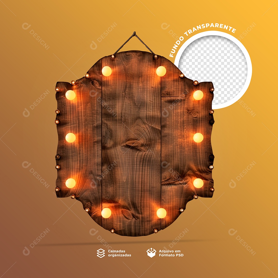 Elemento 3D Base Painel de Madeira com Lâmpadas de Led para Composição PSD