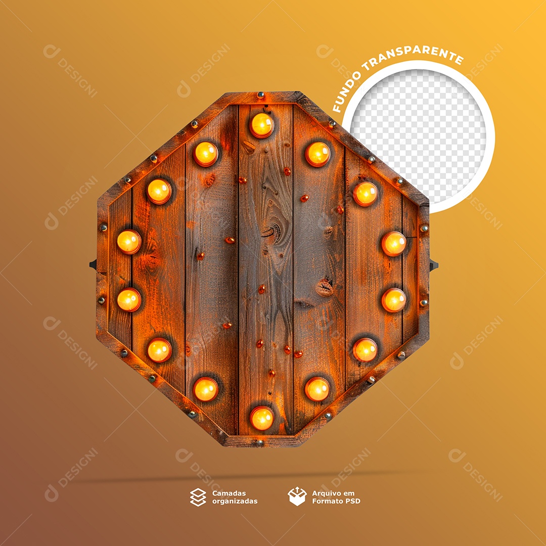 Elemento 3D Base Painel de Madeira com Lâmpadas de Led para Composição PSD