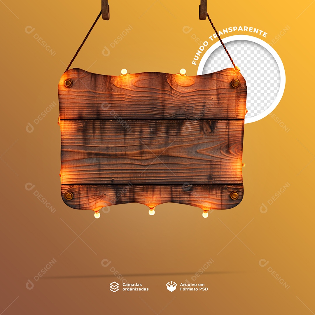 Elemento 3D Base Placa de Madeira com Lâmpadas de Led para Composição PSD