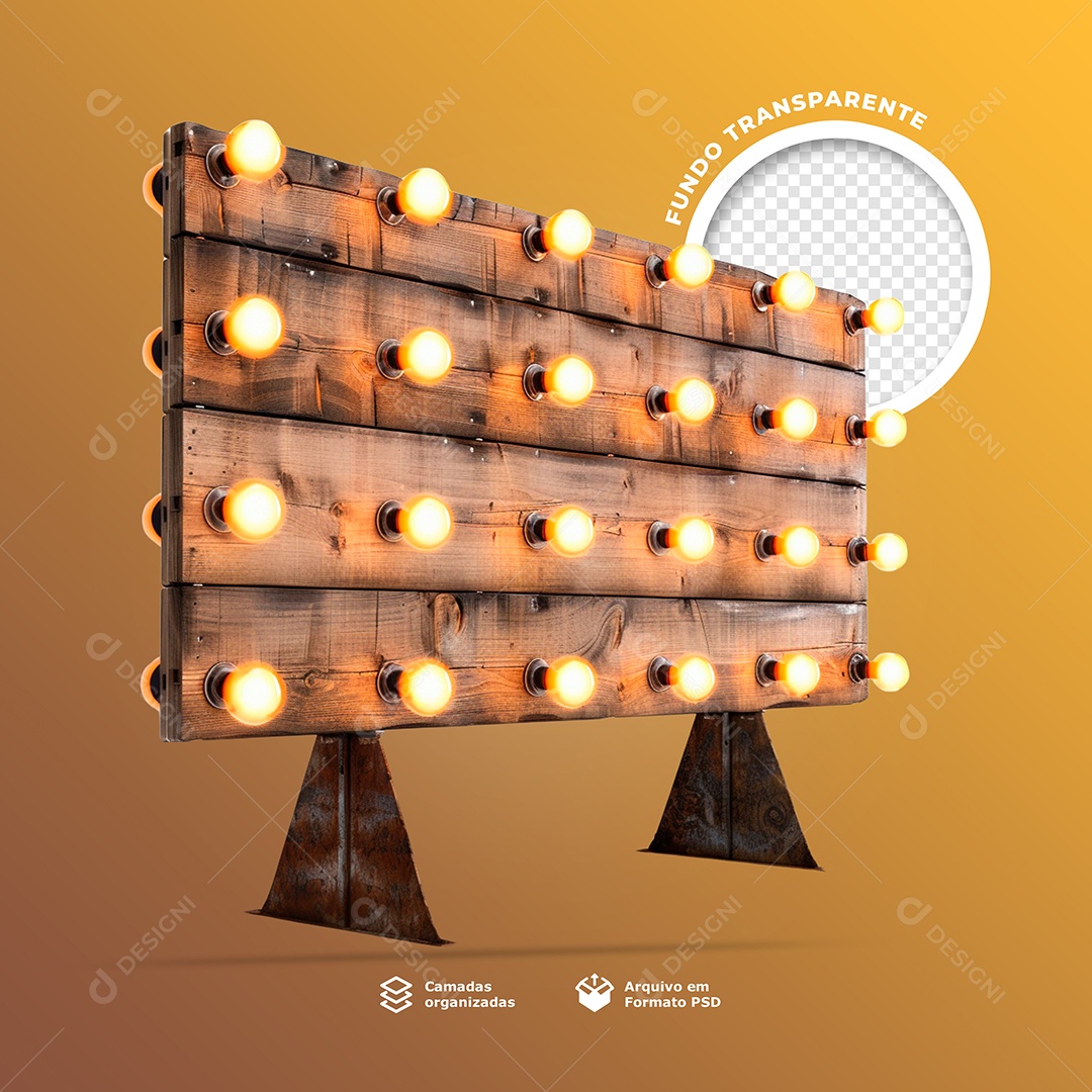 Elemento 3D Base Placa de Madeira com Lâmpadas de Led para Composição PSD