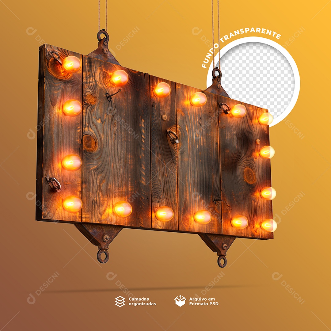 Elemento 3D Base Placa de Madeira com Lâmpadas de Led para Composição PSD
