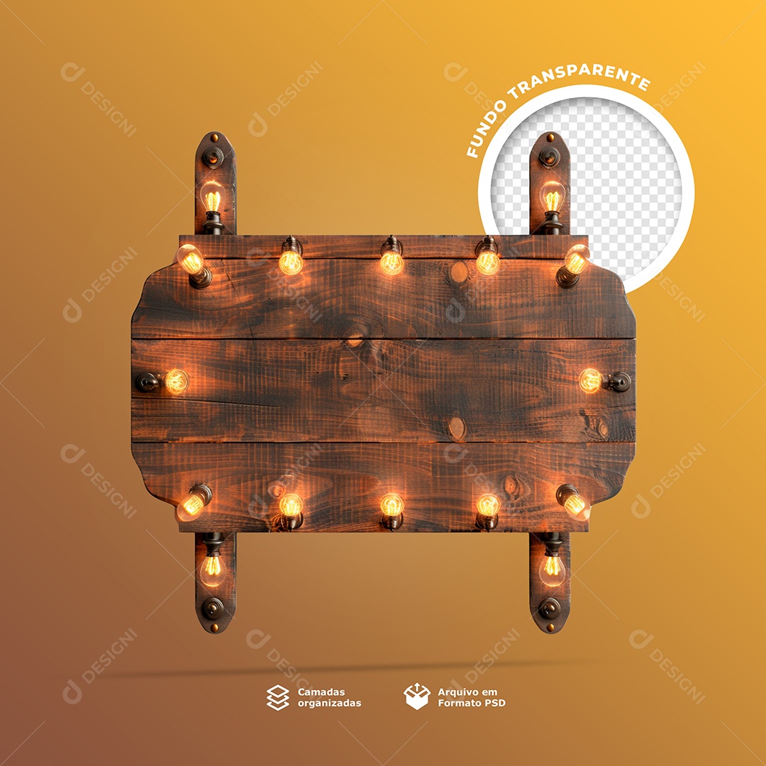 Elemento 3D Base Placa de Madeira com Lâmpadas de Led para Composição PSD