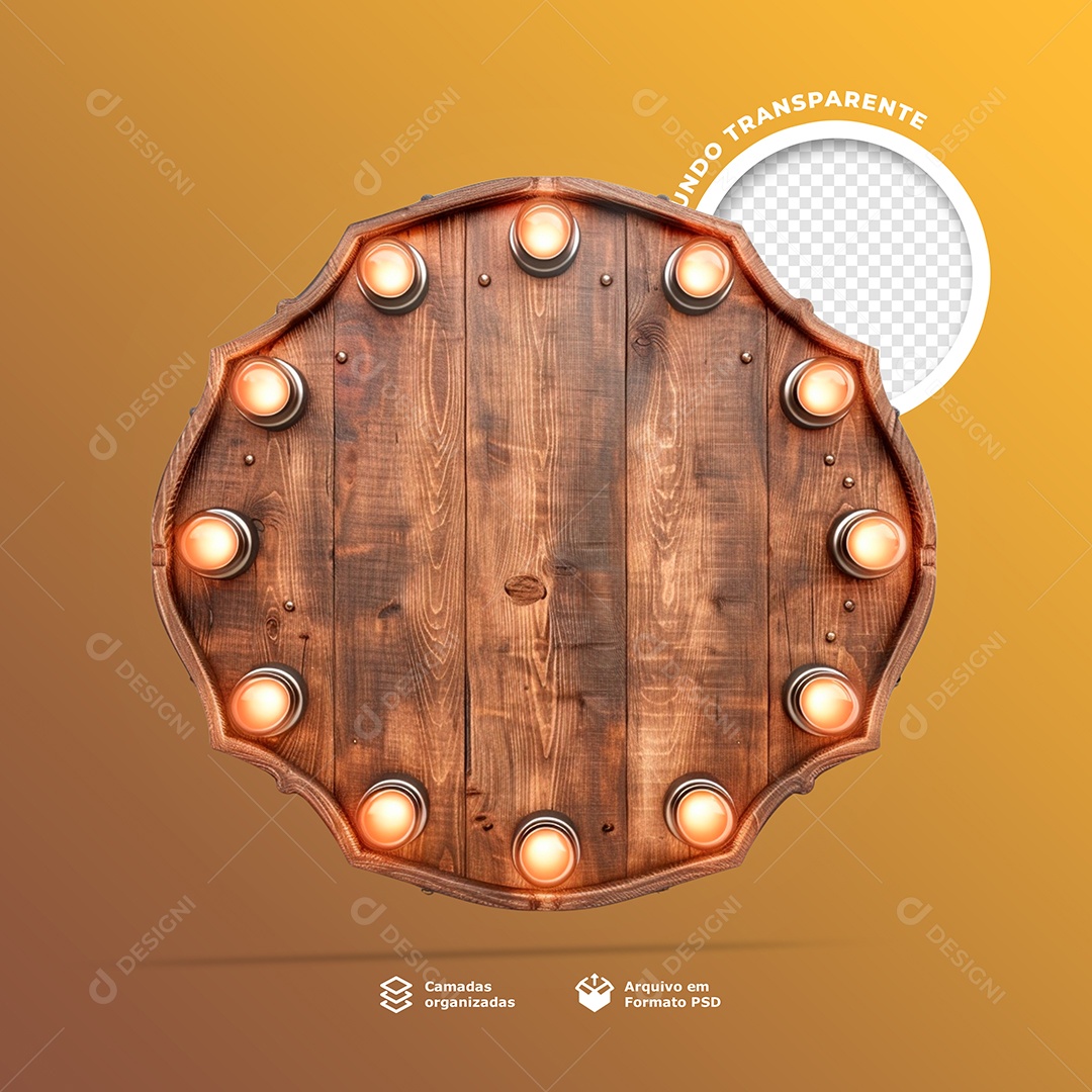 Base Placa de Madeira com Lâmpadas de Led Elemento 3D para Composição PSD