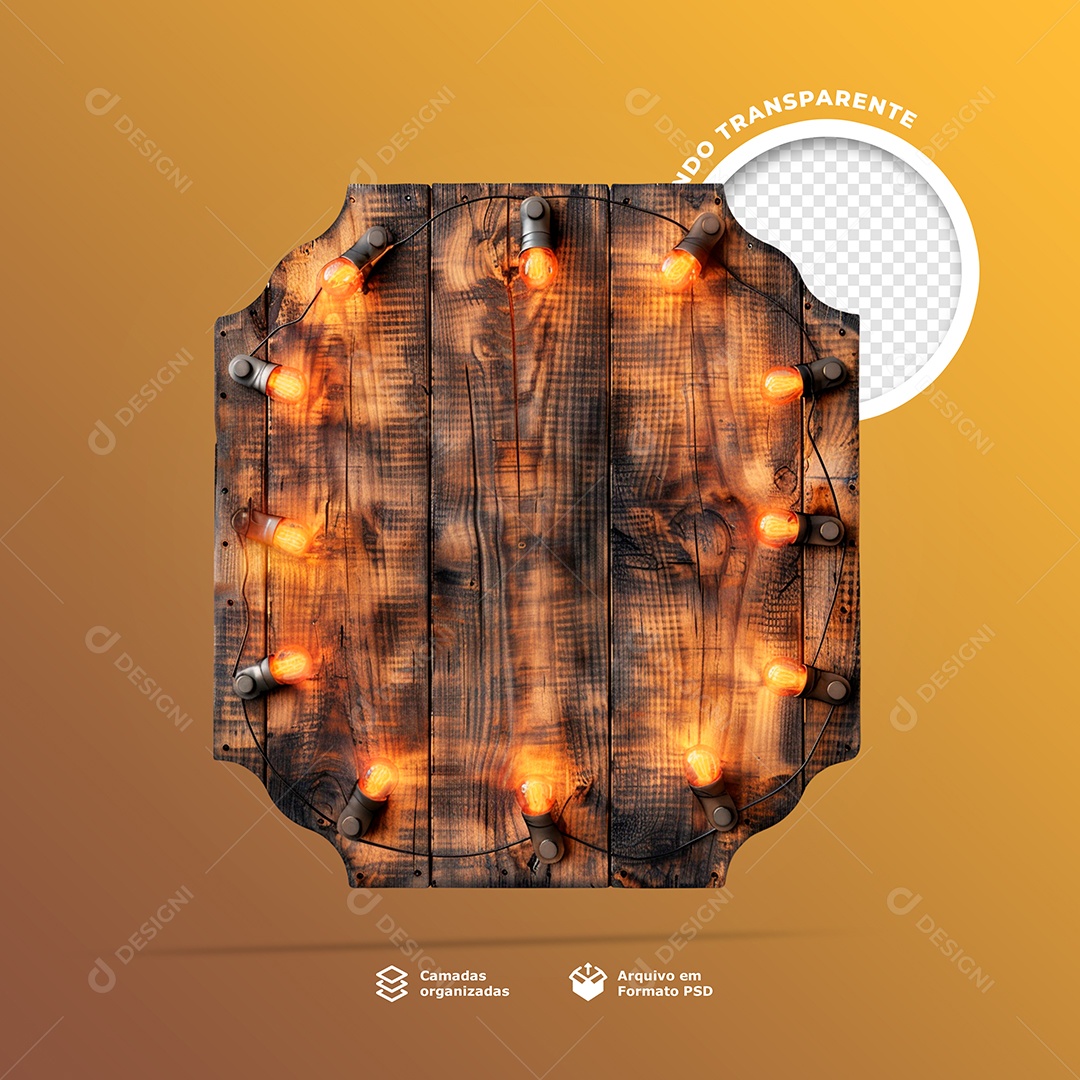 Base Placa de Madeira com Lâmpadas de Led Elemento 3D para Composição PSD