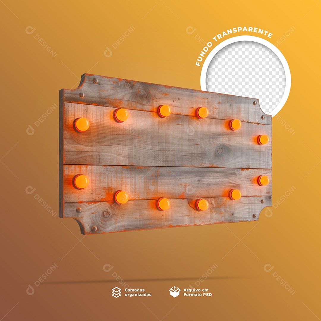 Base Placa de Madeira com Lâmpadas de Led Elemento 3D para Composição PSD