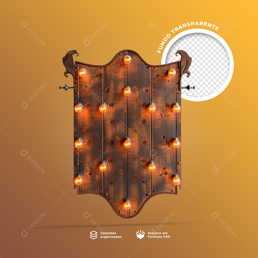 Base Painel de Madeira com Lâmpadas de Led Elemento 3D para Composição PSD