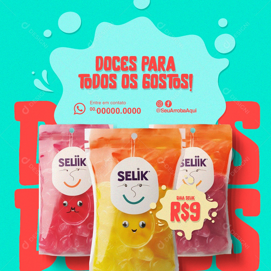 Doces para Todos os Gostos Bala Selik Social Media PSD Editável