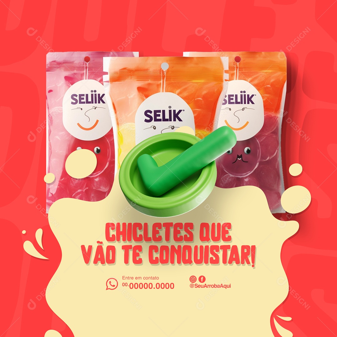 Doces Bala Selik Chicletes que Vão te Conquistar Social Media PSD Editável