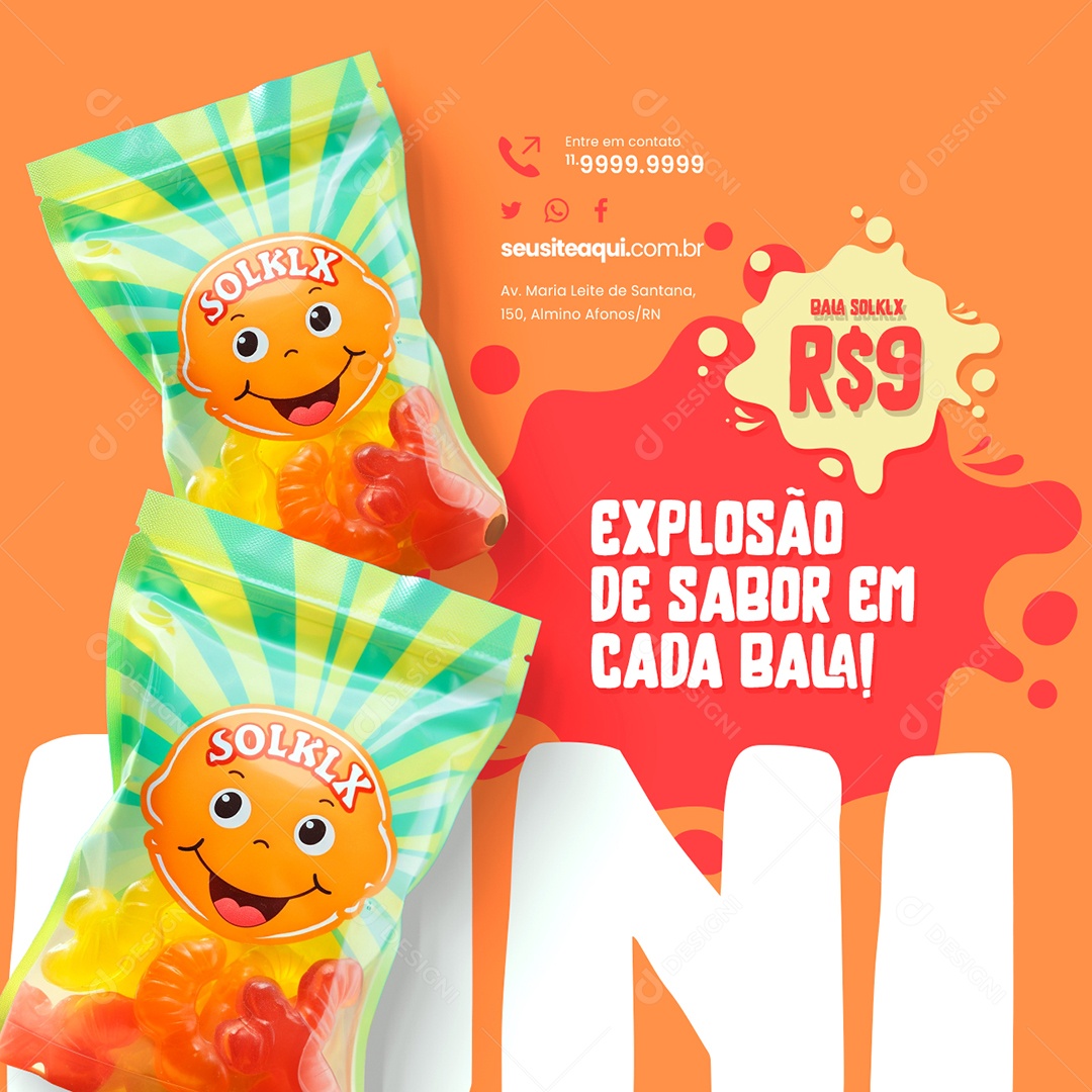 Doces Bala Solklx Explosão de Sabor em Cada Bala Social Media PSD Editável