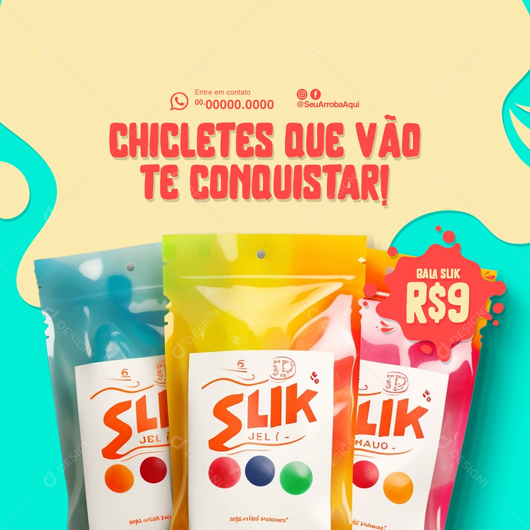 Doces Bala Slik Chiclete que Vão te Conquistar Social Media PSD Editável