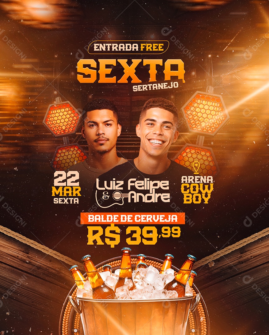 Flyer Sexta Sertanejo Luiz Felipe e Andre Arena Cowboy Social Media PSD Editável