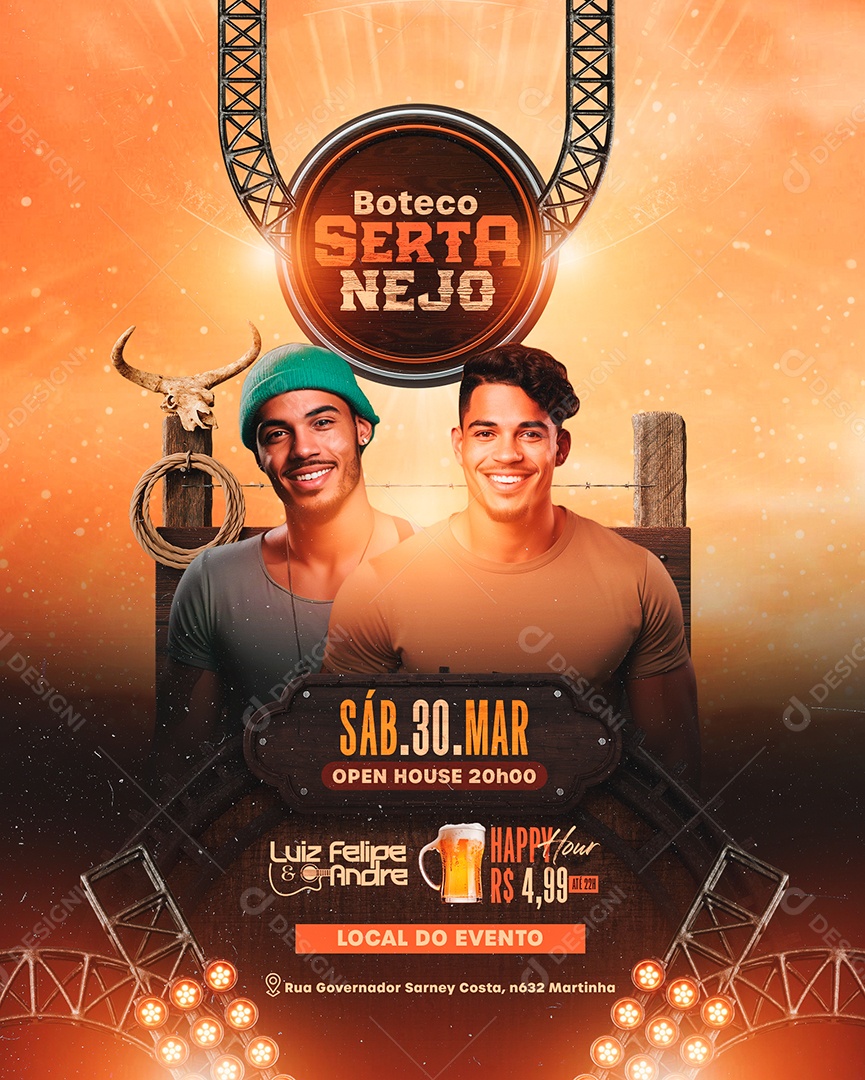 Flyer Boteco Sertanejo Luiz Felipe e Andre Happy Hour Social Media PSD Editável