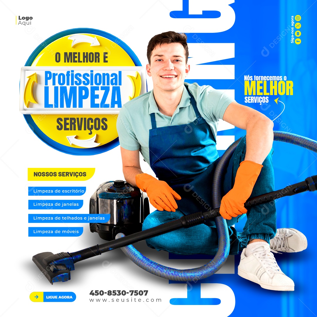 Serviços Gerais Limpeza de Escritório Janelas Telhados Móveis Social Media PSD Editável
