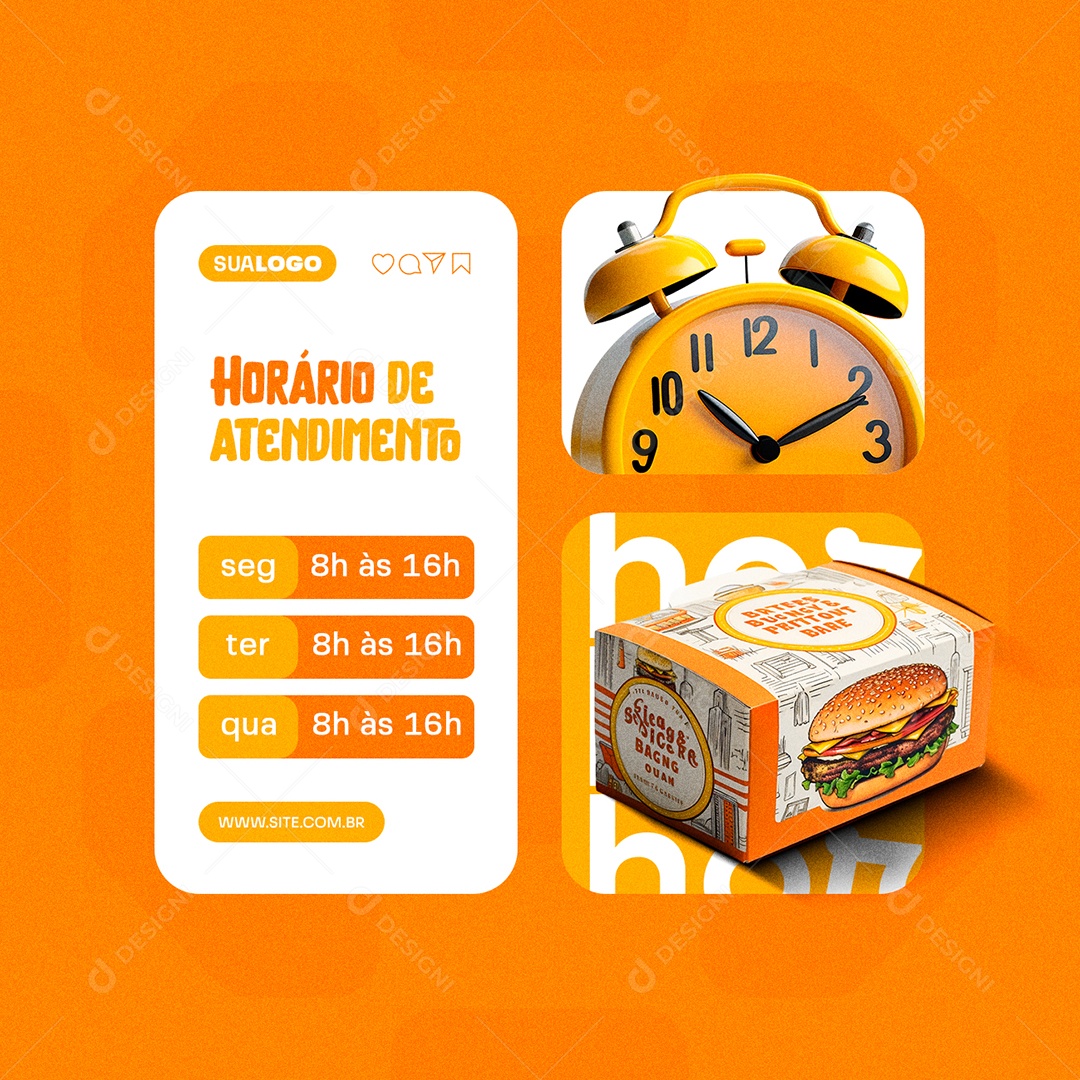 Horário de Atendimento Hamburgueria Social Media PSD Editável